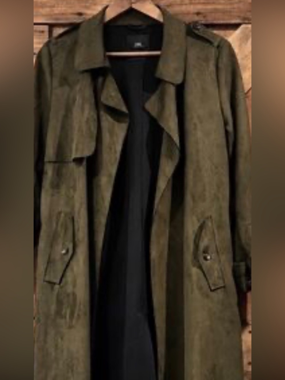 Tahari Olive/Tan Suede-Style Trench Coat